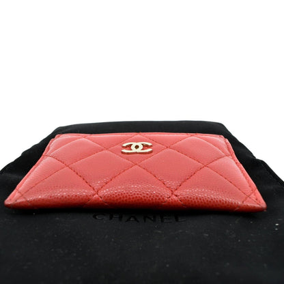 CHANEL CC Card Holder Quilted Caviar Leather Wallet Red
