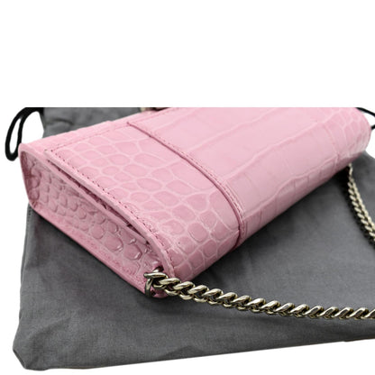 BALENCIAGA Hourglass Crocodile Embossed Chain Wallet Pink