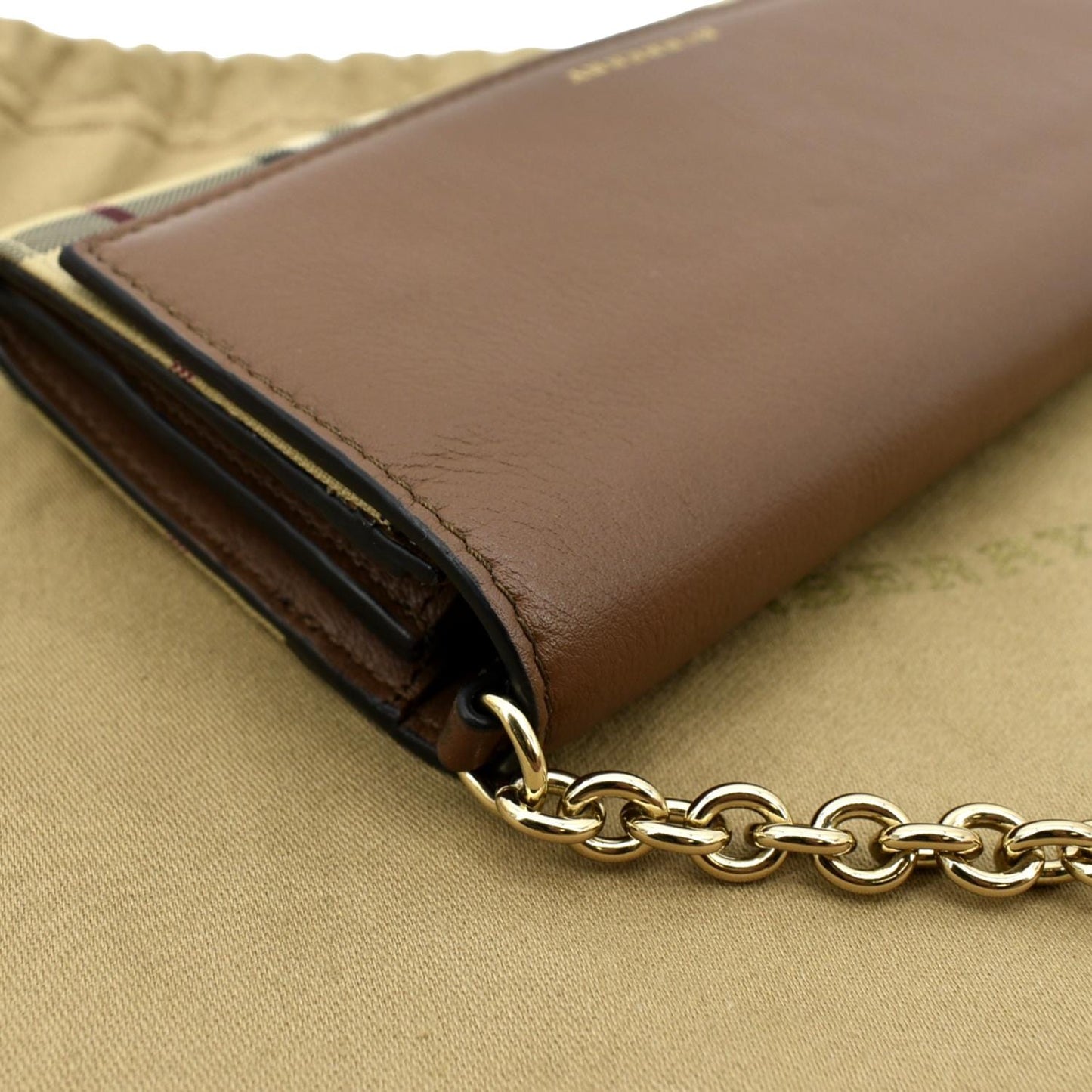 BURBERRY Henley House Check Leather Wallet On Chain Crossbody Bag Brown