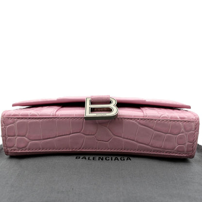 BALENCIAGA Hourglass Crocodile Embossed Chain Wallet Pink