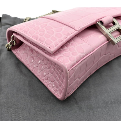 BALENCIAGA Hourglass Crocodile Embossed Chain Wallet Pink