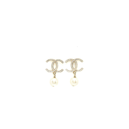 Chanel CC Logo and Pearl Drop Earrings Light Gold Tone