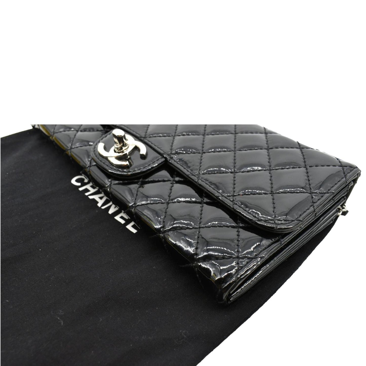 CHANEL Long Flap Quilted Patent Leather Chain Shoulder Bag Black