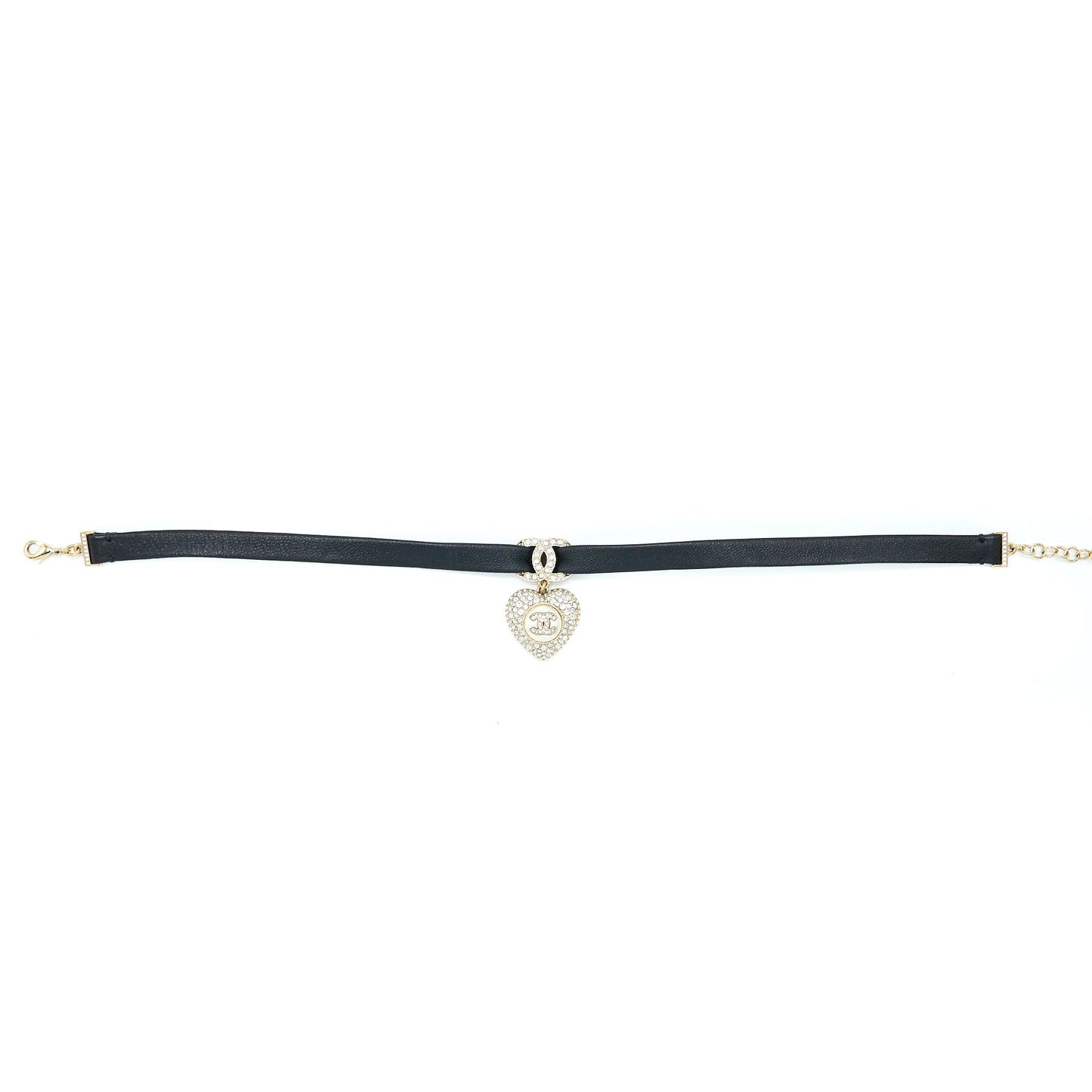 Chanel Crystal CC Logo Heart Chocker Leather/Pearl/Crystal Black Light Gold Tone