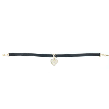 Chanel Crystal CC Logo Heart Chocker Leather/Pearl/Crystal Black Light Gold Tone
