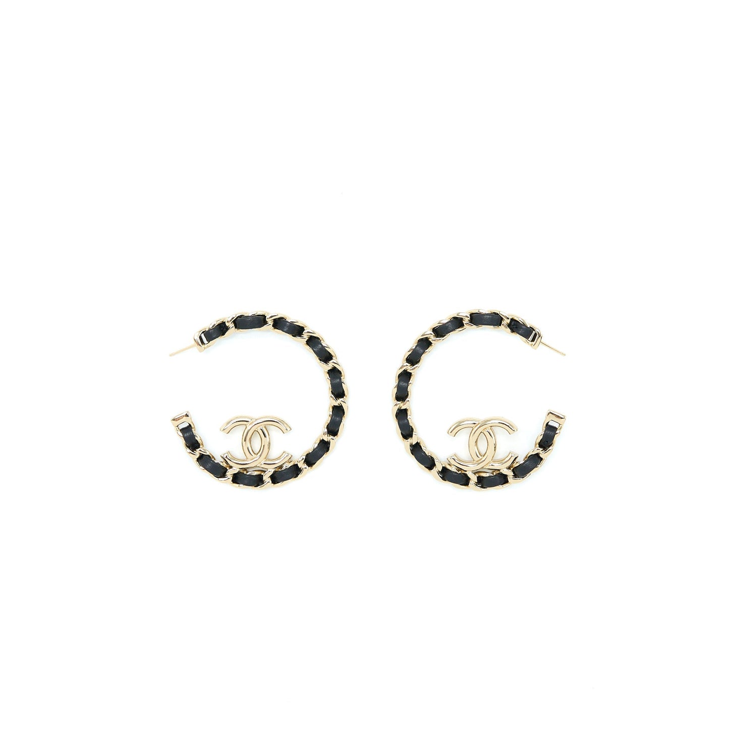 Chanel 22P Round CC With Black Leather Earrings Light Gold Tone