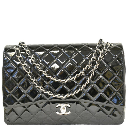 CHANEL Classic Maxi Double Flap Quilted Patent Leather Shoulder Bag Black