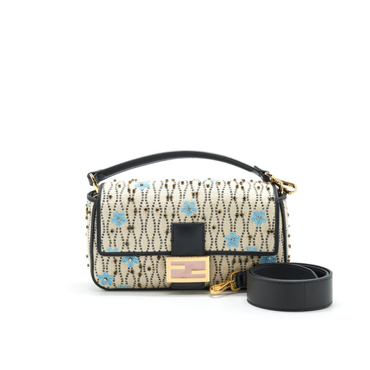 FENDI Baguette Iconic Medium White Raffia Purse Multicolor