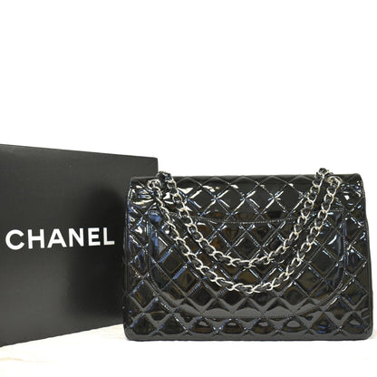 CHANEL Classic Maxi Double Flap Quilted Patent Leather Shoulder Bag Black