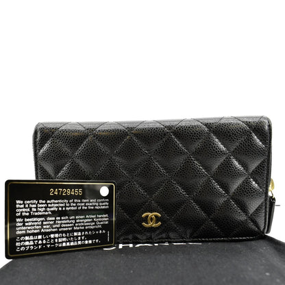 CHANEL Zip Around Quilted Caviar Leather Wallet Black