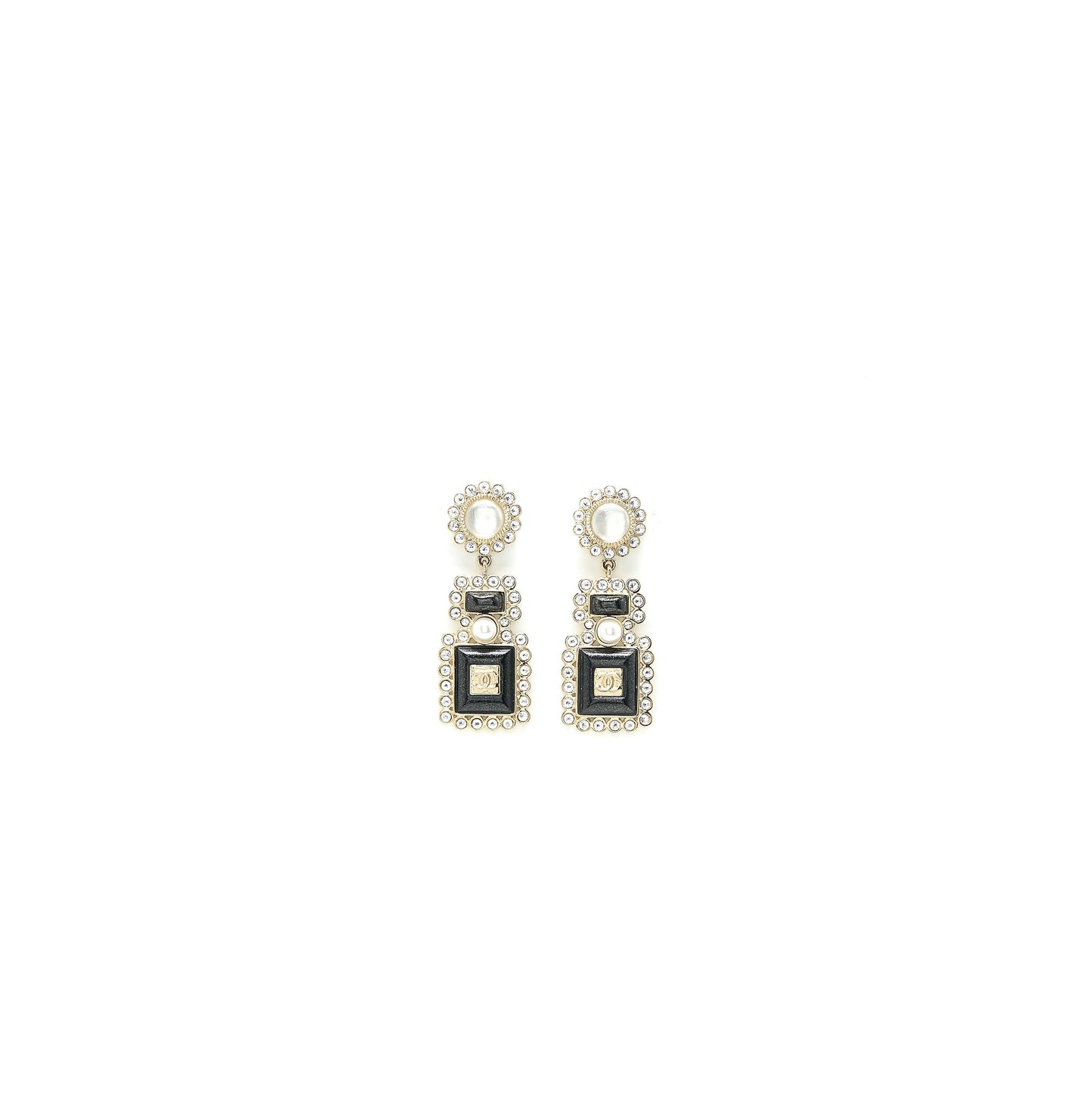 Chanel Perfume Bottle CC Logo Earrings Crystal/Pearl Black Light Gold Tone