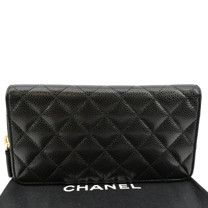 CHANEL Zip Around Quilted Caviar Leather Wallet Black