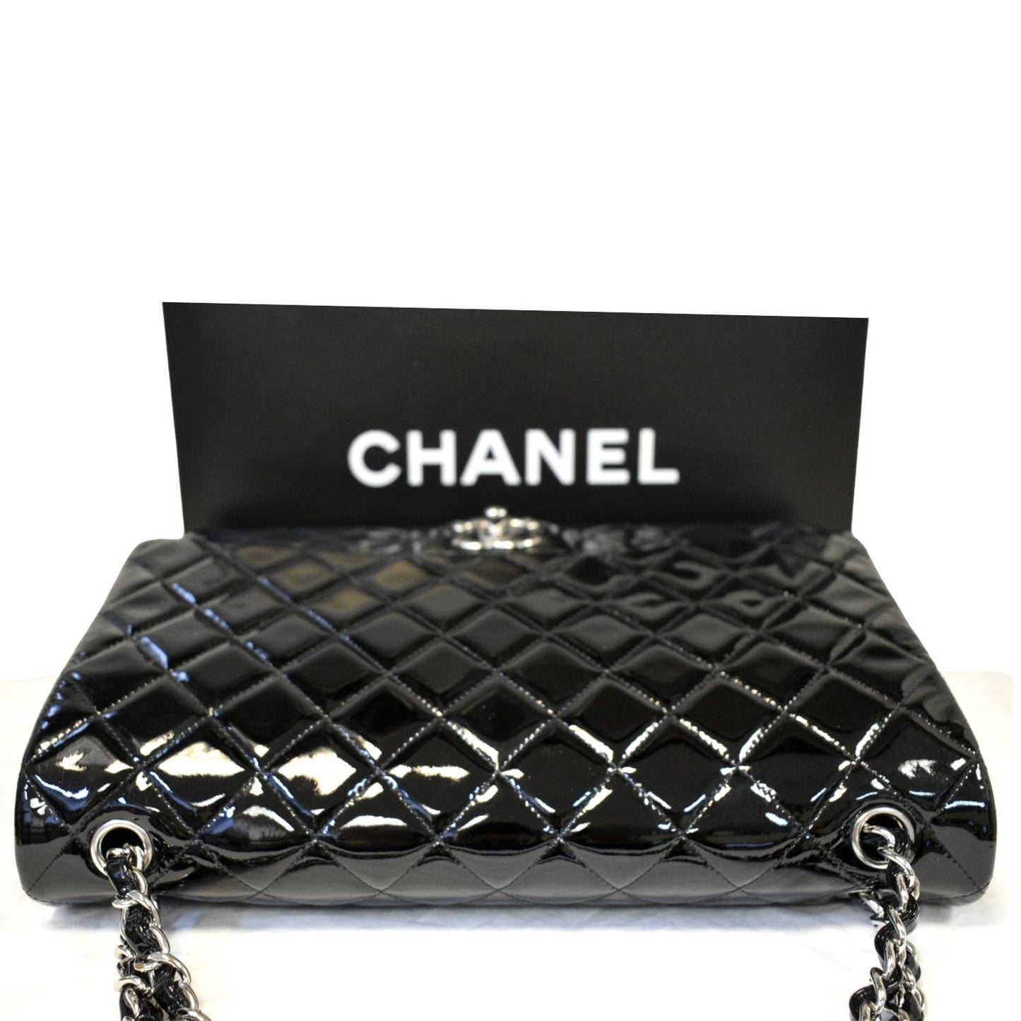CHANEL Classic Maxi Double Flap Quilted Patent Leather Shoulder Bag Black