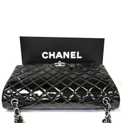 CHANEL Classic Maxi Double Flap Quilted Patent Leather Shoulder Bag Black