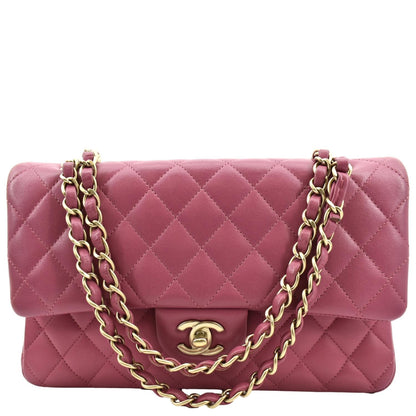 CHANEL Classic Medium Double Flap Quilted Leather Shoulder Bag Pink