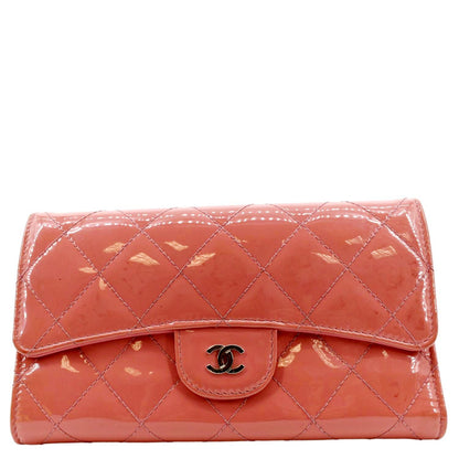 CHANEL Quilted Patent Leather Long Wallet Red