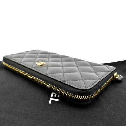 CHANEL Zip Around Quilted Caviar Leather Wallet Black