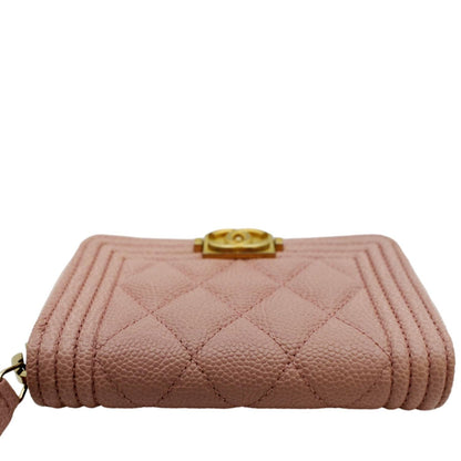 CHANEL Small Boy Caviar Leather Zip Around Wallet Pink