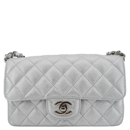 CHANEL Rectangular Flap Mini Lambskin Leather Shoulder Bag Silver Metallic