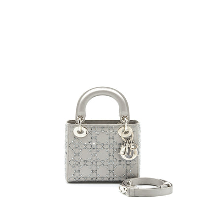 Dior Mini Lady Dior Satin Crystal Cannage Grey