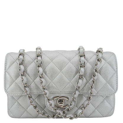 CHANEL Rectangular Flap Mini Lambskin Leather Shoulder Bag Silver Metallic