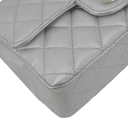 CHANEL Rectangular Flap Mini Lambskin Leather Shoulder Bag Silver Metallic