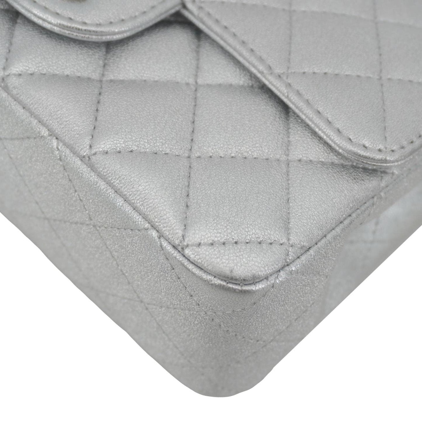 CHANEL Rectangular Flap Mini Lambskin Leather Shoulder Bag Silver Metallic
