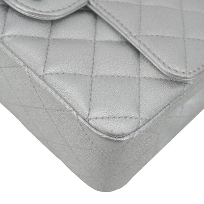 CHANEL Rectangular Flap Mini Lambskin Leather Shoulder Bag Silver Metallic