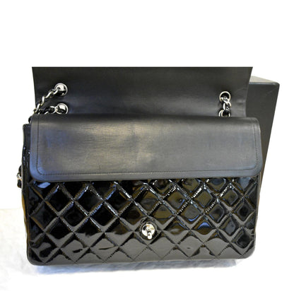 CHANEL Classic Maxi Double Flap Quilted Patent Leather Shoulder Bag Black
