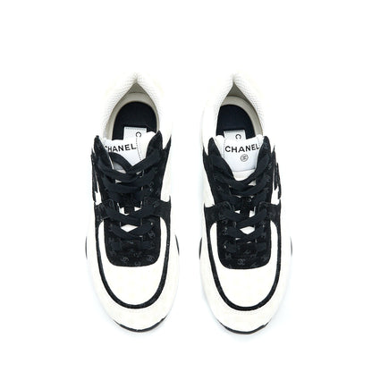 Chanel Size 38.5 22A Trainers Printed Suede Calfskin Black/White