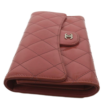 CHANEL Quilted Patent Leather Long Wallet Red