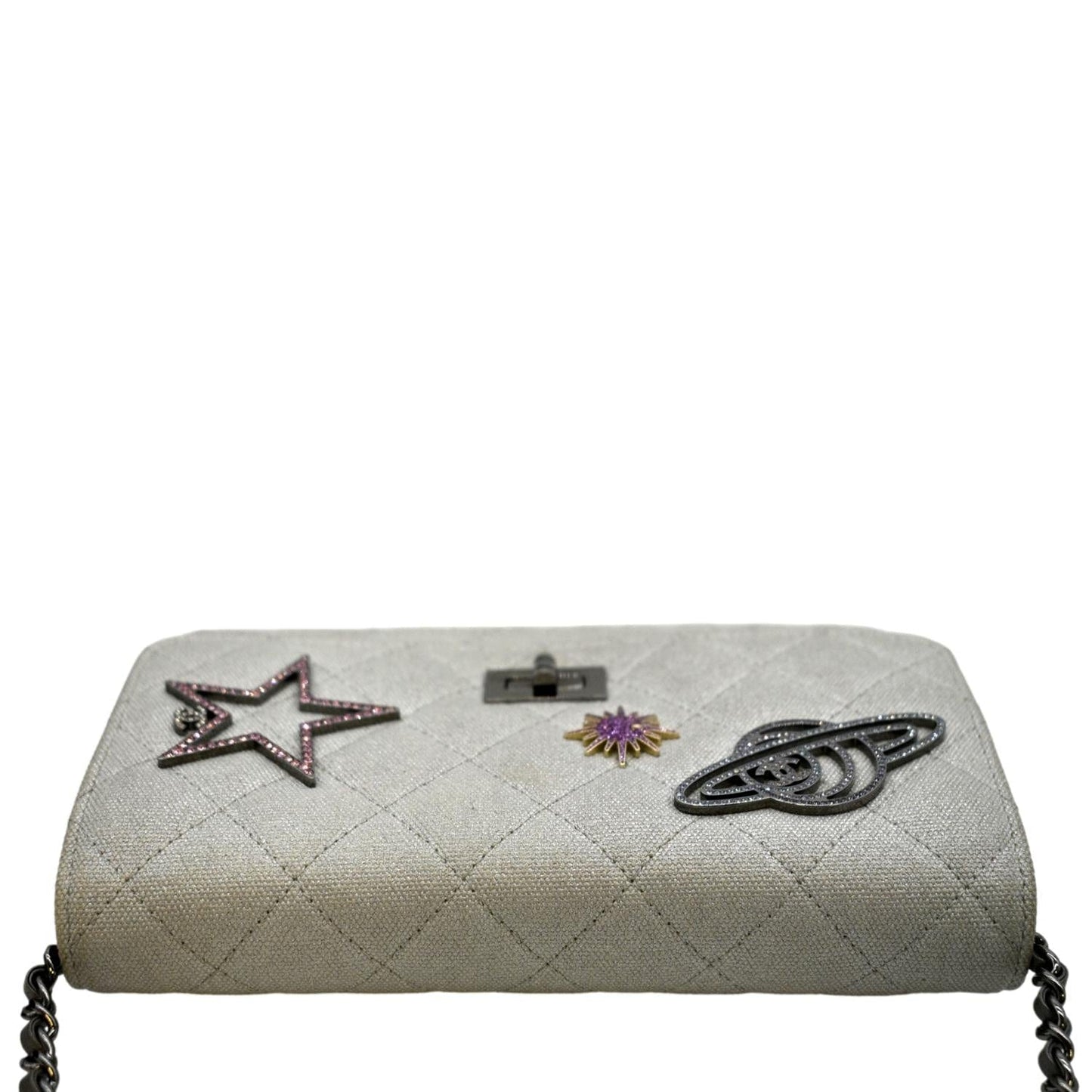 CHANEL Classic 2.55 Reissue Space Charm Quilted Canvas WOC Crossbody Bag Silver