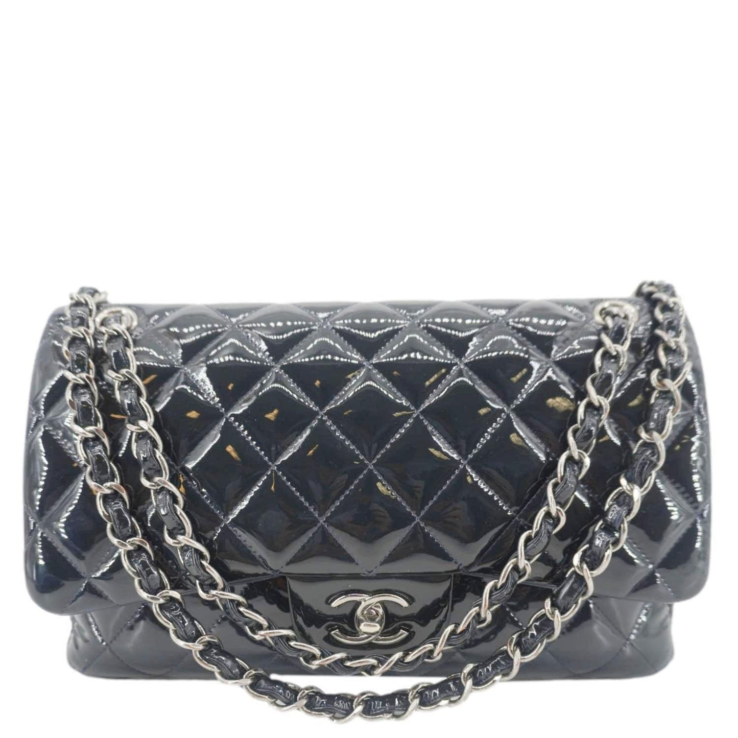 CHANEL Classic Double Flap Quilted Patent Leather Shoulder Bag Navy Blue