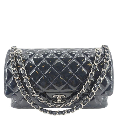 CHANEL Classic Double Flap Quilted Patent Leather Shoulder Bag Navy Blue