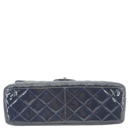 CHANEL Classic Double Flap Quilted Patent Leather Shoulder Bag Navy Blue