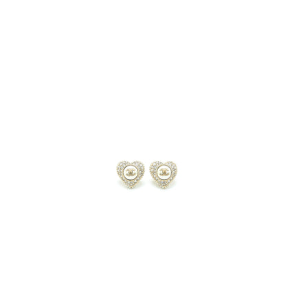 Chanel CC Logo Heart Earrings Crystal/Pearl Light Gold Tone