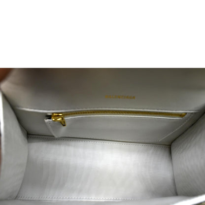 BALENCIAGA Small Hourglass Crocodile Embossed Top Handle Shoulder Bag White