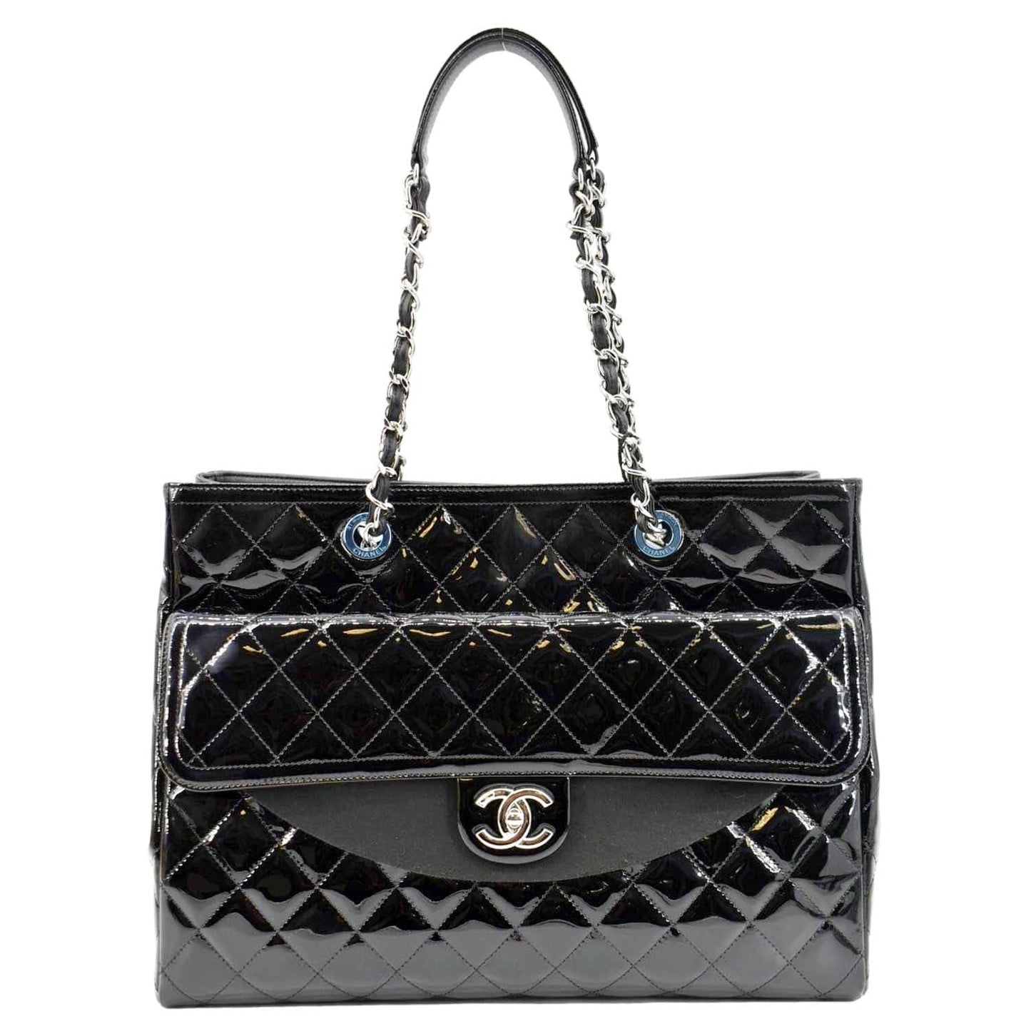 CHANEL Front Pocket Quilted Patent Leather Shopping Tote Bag Black