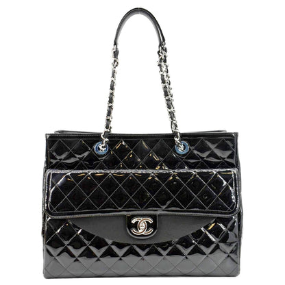 CHANEL Front Pocket Quilted Patent Leather Shopping Tote Bag Black