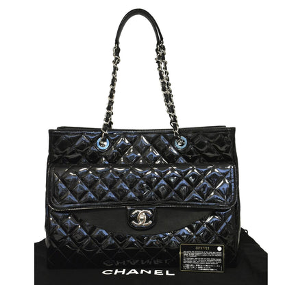 CHANEL Front Pocket Quilted Patent Leather Shopping Tote Bag Black