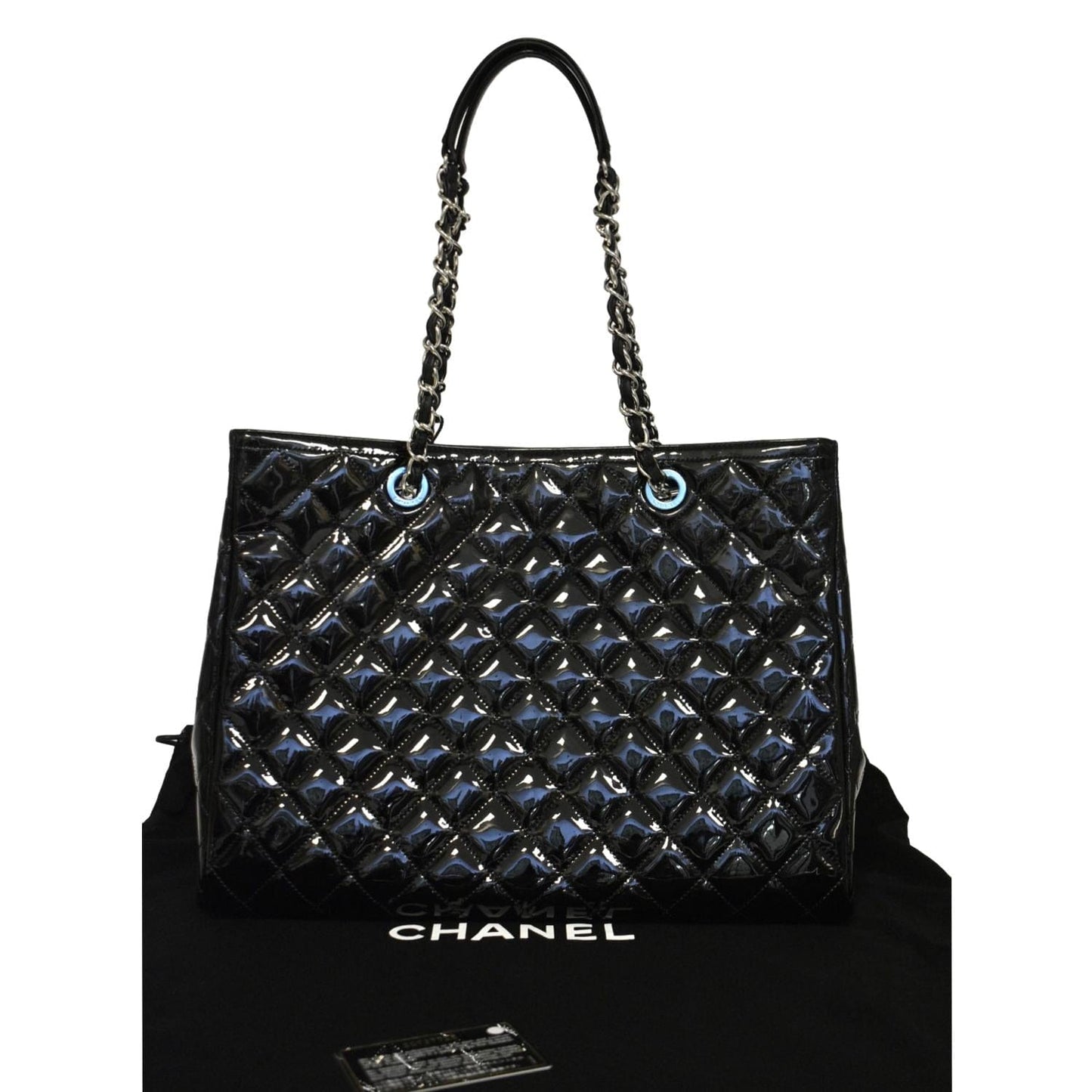 CHANEL Front Pocket Quilted Patent Leather Shopping Tote Bag Black