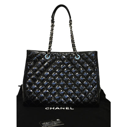 CHANEL Front Pocket Quilted Patent Leather Shopping Tote Bag Black