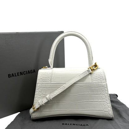 BALENCIAGA Small Hourglass Crocodile Embossed Top Handle Shoulder Bag White