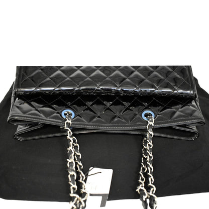 CHANEL Front Pocket Quilted Patent Leather Shopping Tote Bag Black