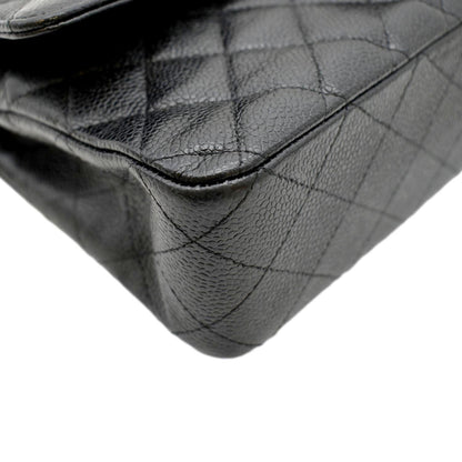 CHANEL Classic Medium Double Flap Quilted Caviar Leather Shoulder Bag Black