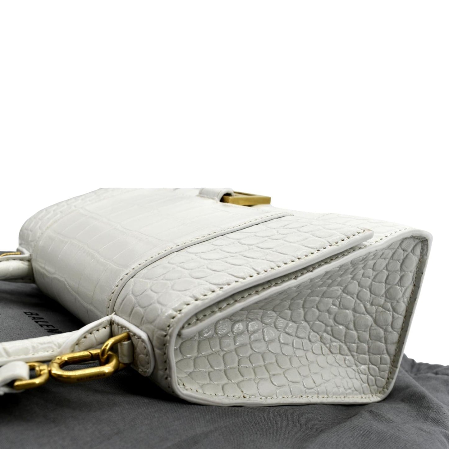 BALENCIAGA Small Hourglass Crocodile Embossed Top Handle Shoulder Bag White