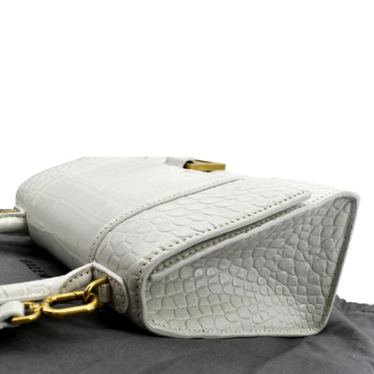 BALENCIAGA Small Hourglass Crocodile Embossed Top Handle Shoulder Bag White