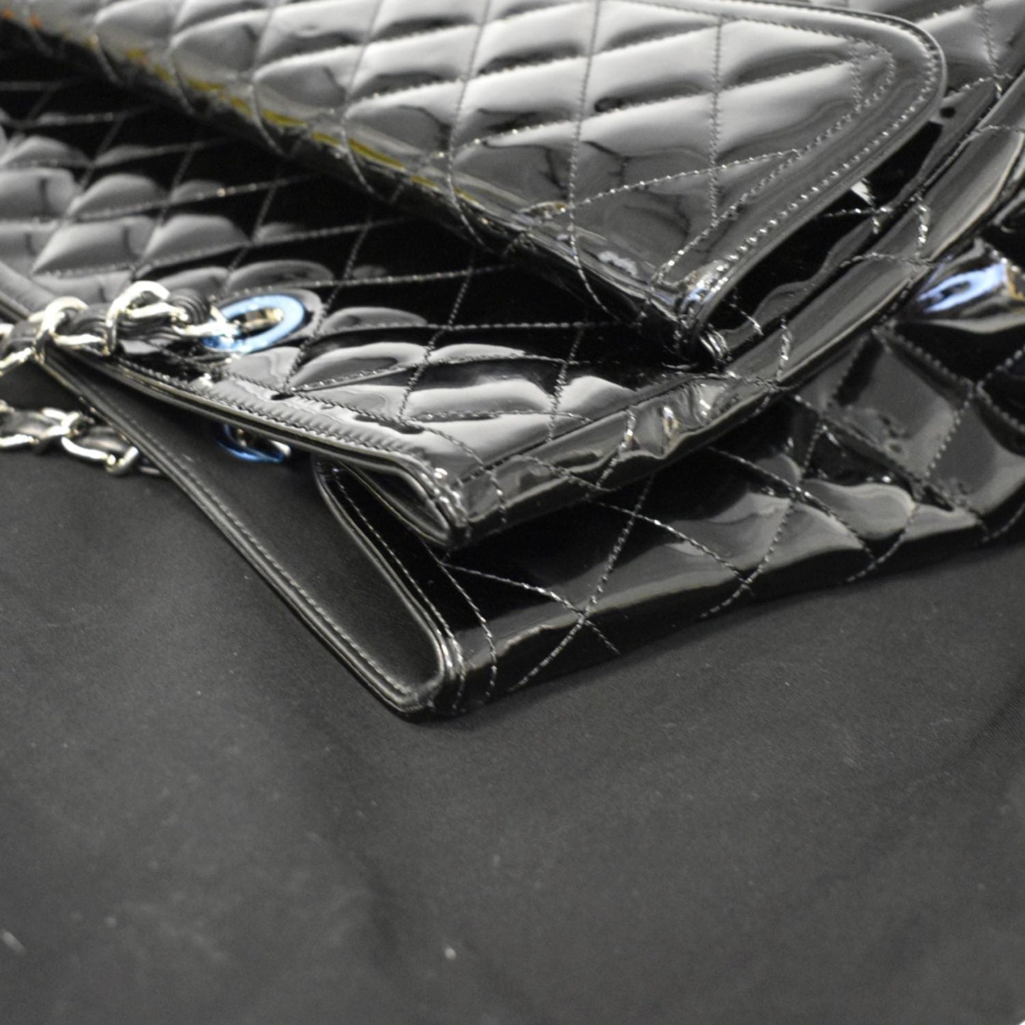 CHANEL Front Pocket Quilted Patent Leather Shopping Tote Bag Black