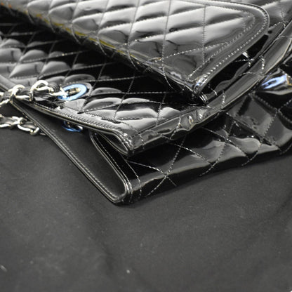 CHANEL Front Pocket Quilted Patent Leather Shopping Tote Bag Black