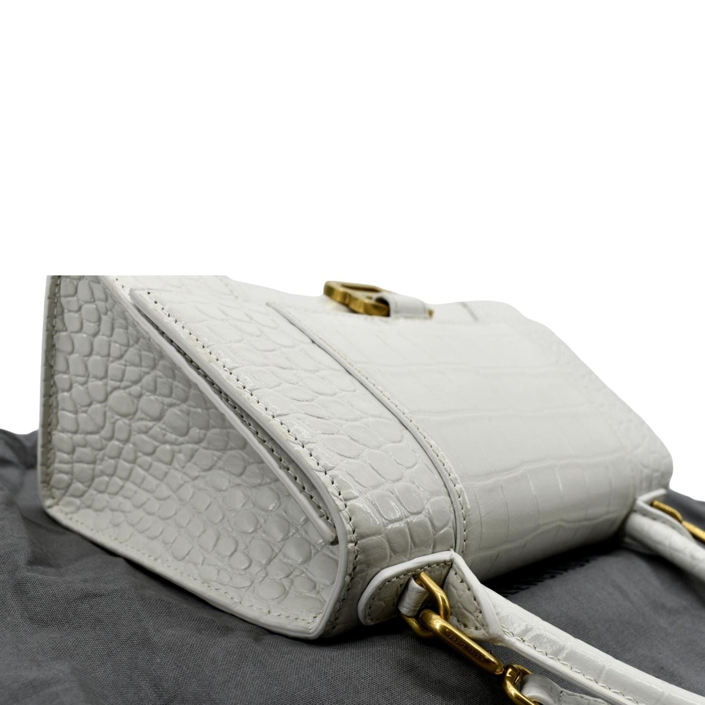 BALENCIAGA Small Hourglass Crocodile Embossed Top Handle Shoulder Bag White
